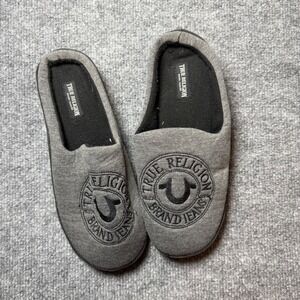 True Religion Slippers Gray Logo Slip On Small 7-8 Mens Womens Cozy House Shoes